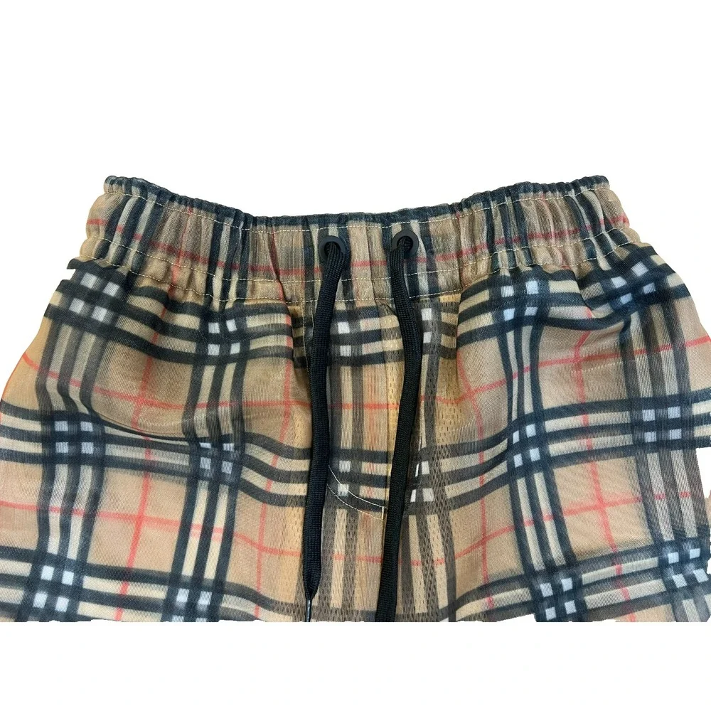 New Burberry Men's Swim Short Iconic Plaid Sheer Over Tan Mesh Pullon Pockets XS